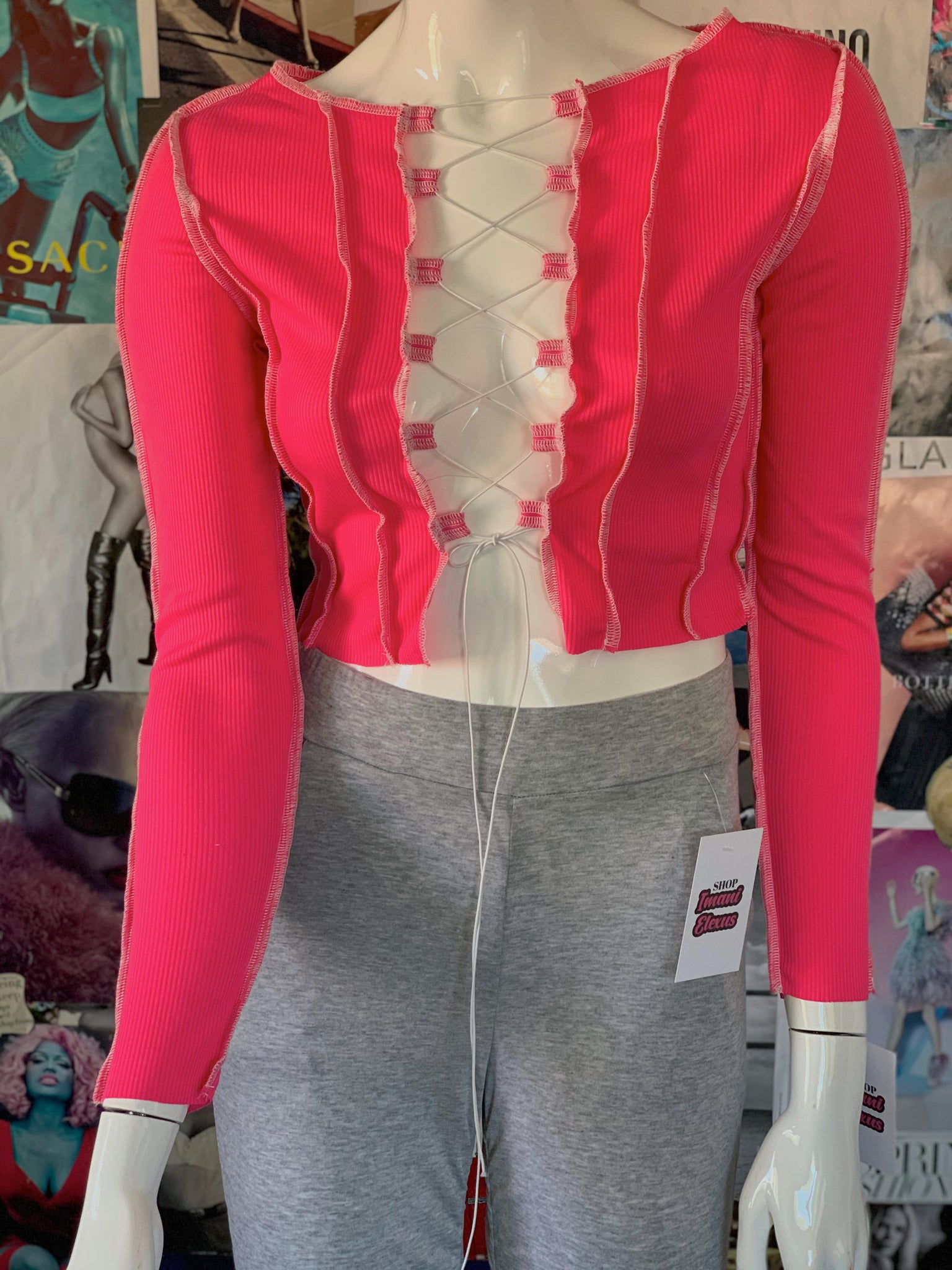 "Icy Wifey" Lace-Up Crop Top - Pink