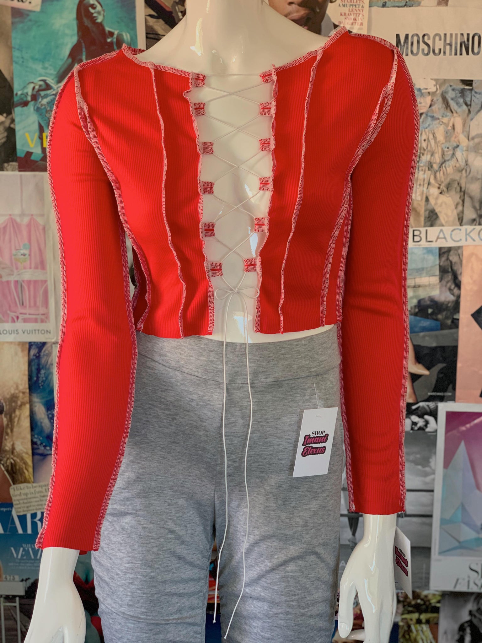 "Icy Wifey" Lace-Up Crop Top - Red