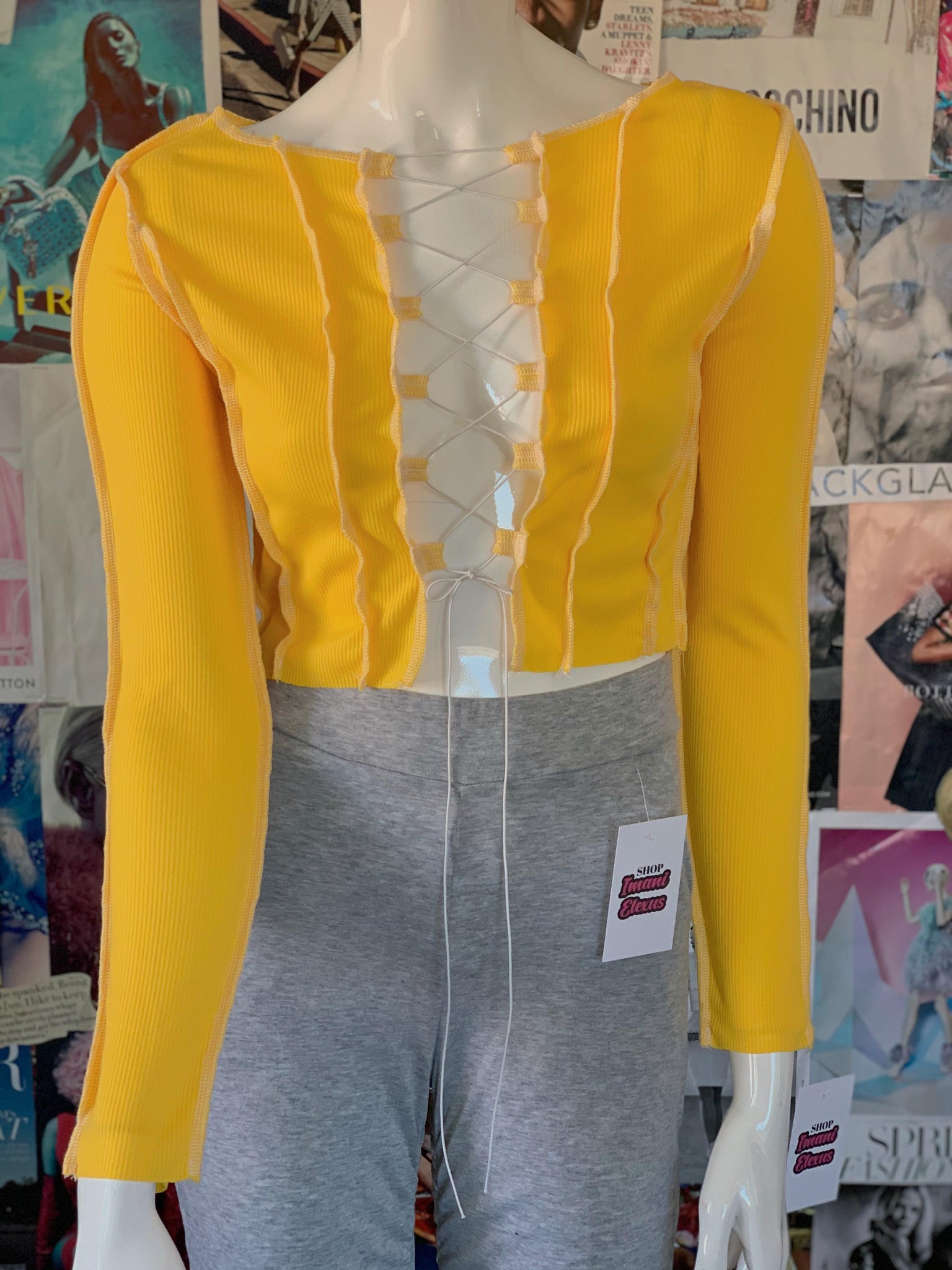 "Icy Wifey" Lace-Up Crop Top - Yellow