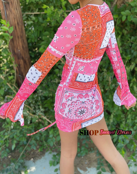 “Pretty In Paisley” Bell Sleeve Bodycon Dress - Blue