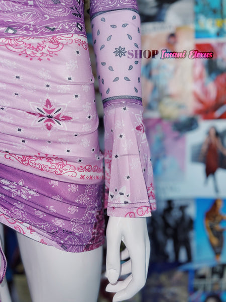 “Pretty In Paisley” Bell Sleeve Bodycon Dress - Purple