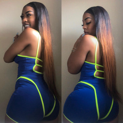 "Outta This World" Romper - Navy Blue & Neon Green