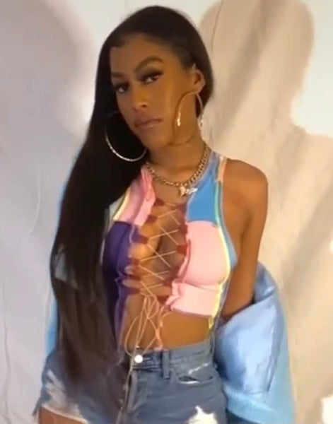 “Patchwork” Lace-Up Crop Top