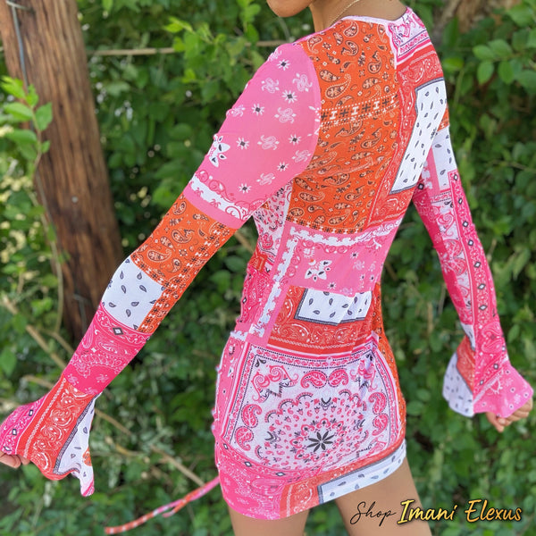 “Pretty In Paisley” Bell Sleeve Bodycon Dress - Pink