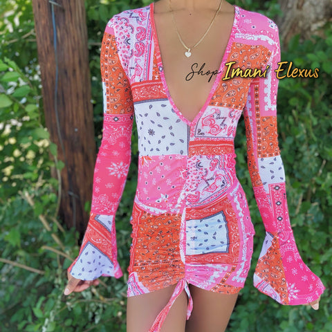 “Pretty In Paisley” Bell Sleeve Bodycon Dress - Pink