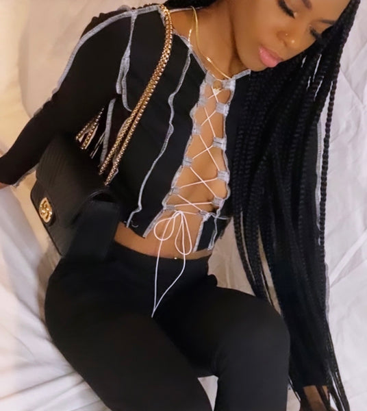 "Icy Wifey" Lace-Up Crop Top - Black